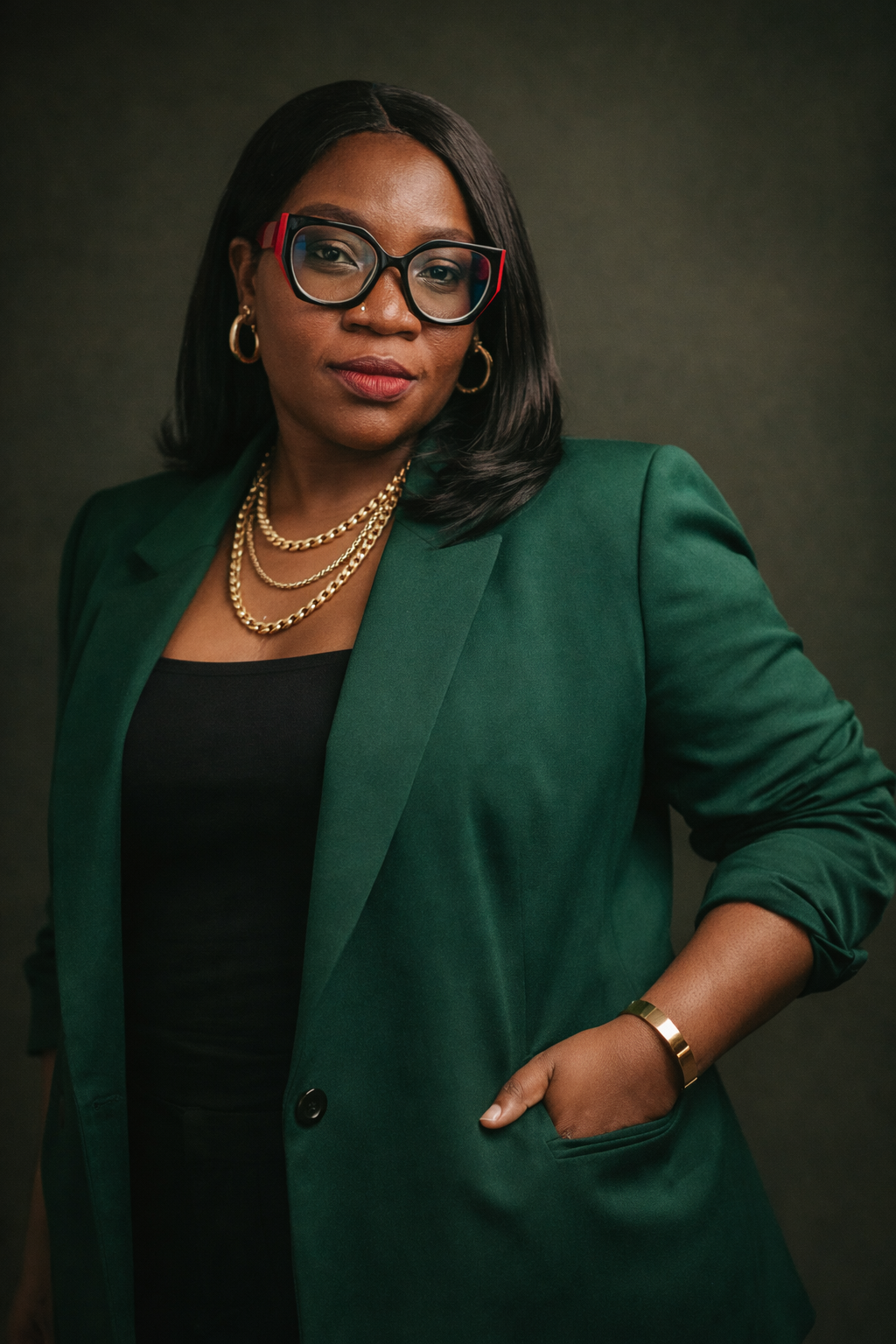 Studio portrait of Tope Stephen in a green blazer