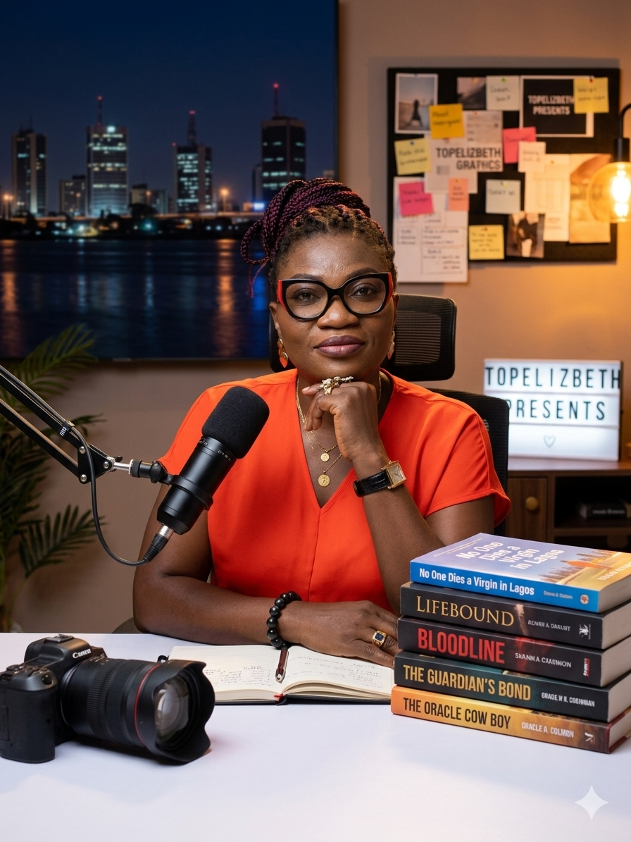 Tope Stephen at her studio desk, with her books, a camera and a microphone, Lagos at night behind her